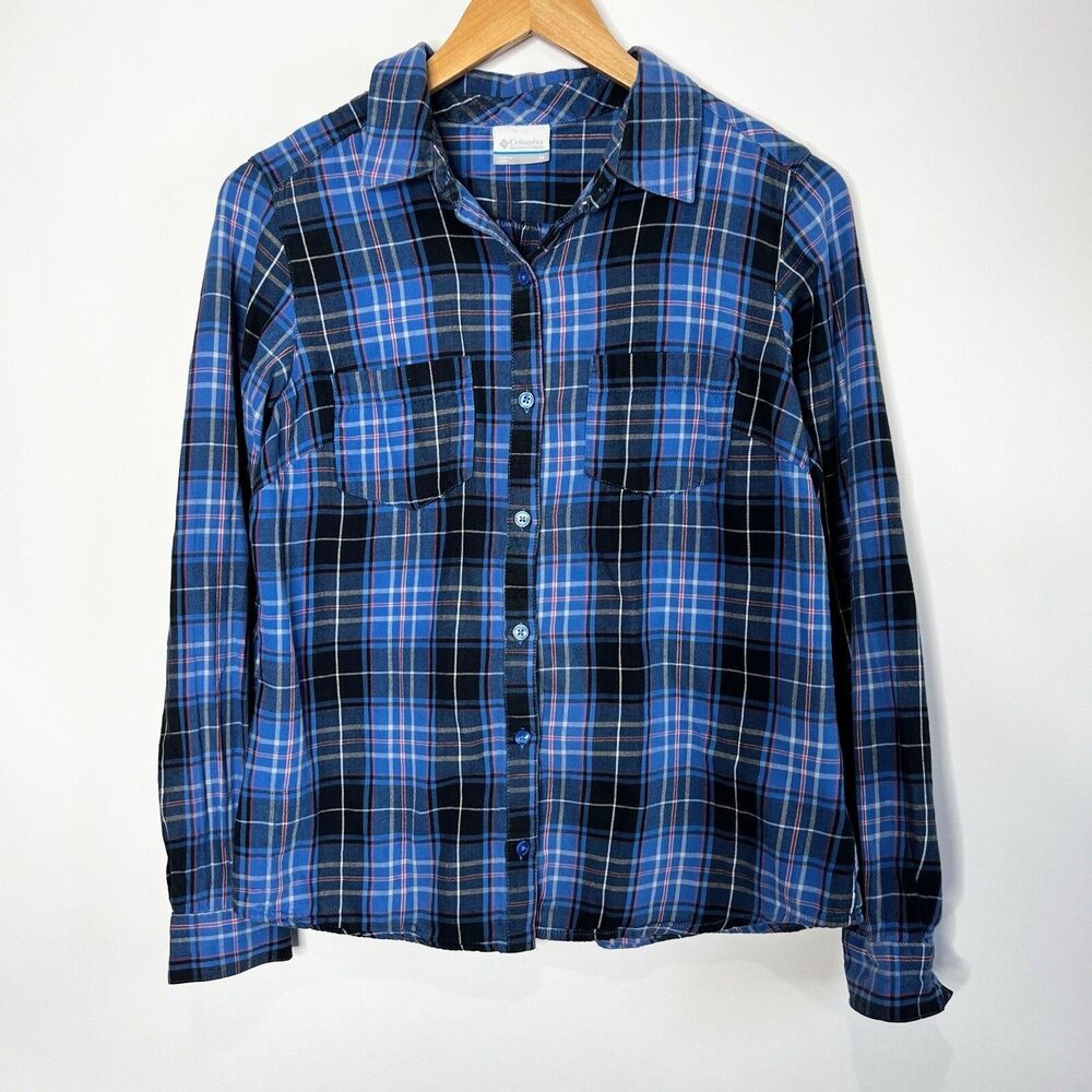 Columbia Plaid Button Up Long Sleeve Blue Cotton Women's Size M